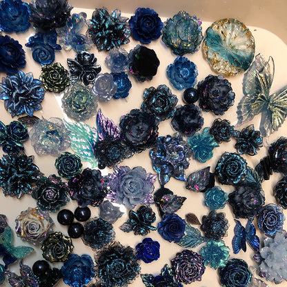 BJD490 random 10/30g Per Pack Blue Iridescent Mixed Soft Rubber Flower Blind Box, 3D Hand‑Sculpted Rose Lotus Peony Camellia Lisianthus Butterfly Leaf Ribbon Beads, DIY Craft Supplies for Flower Basket Bouquet Handmade Jewelry