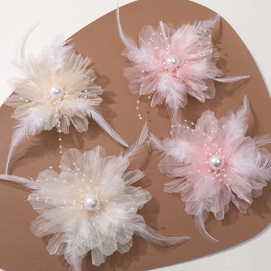 X2324 Three-Dimensional Multi-Layer Pearl Feather Organza Flower Charms, DIY Handmade Base for Earrings Rings Brooches Jewelry Making Bulk Craft Supplies