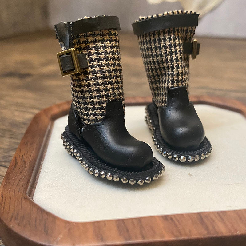 BJD612 30 Days Pre‑order  Suitable for OB22, OB24, BJD, Blythe, Azone Dolls, Houndstooth Mini Patchwork Rhinestone Clay Tall Boots, Inner Shoe Size Approx 32×12mm, Casual Workwear Style, Wearable & Removable, Classic Design, Custom Orders Accepted, W