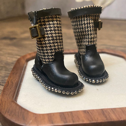 BJD612 30 Days Pre‑order  Suitable for OB22, OB24, BJD, Blythe, Azone Dolls, Houndstooth Mini Patchwork Rhinestone Clay Tall Boots, Inner Shoe Size Approx 32×12mm, Casual Workwear Style, Wearable & Removable, Classic Design, Custom Orders Accepted, W