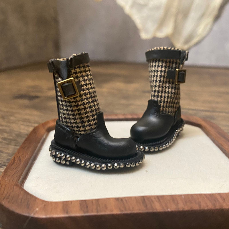 BJD612 30 Days Pre‑order  Suitable for OB22, OB24, BJD, Blythe, Azone Dolls, Houndstooth Mini Patchwork Rhinestone Clay Tall Boots, Inner Shoe Size Approx 32×12mm, Casual Workwear Style, Wearable & Removable, Classic Design, Custom Orders Accepted, W