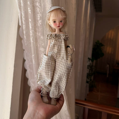 BJD577 30 Days Preorder Suitable for OB22, OB24, BJD, Blythe, Azone doll | Lace Off-shoulder Coffee color Plaid Jumpsuit, Wide Leg & Cuffed Style, Casual Wear, Worldwide Shipping, Custom Order Available
