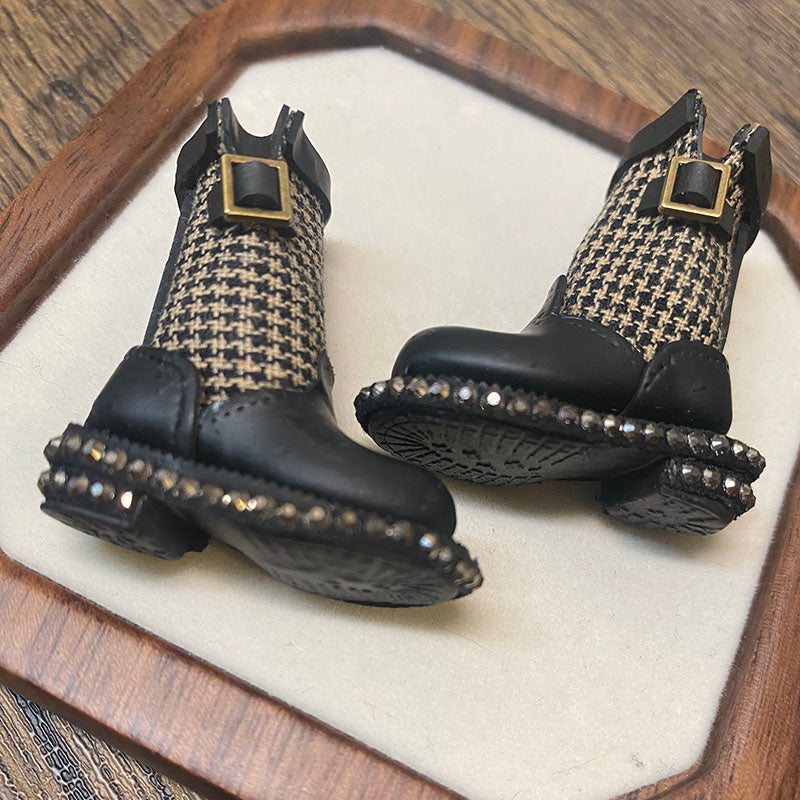 BJD612 30 Days Pre‑order  Suitable for OB22, OB24, BJD, Blythe, Azone Dolls, Houndstooth Mini Patchwork Rhinestone Clay Tall Boots, Inner Shoe Size Approx 32×12mm, Casual Workwear Style, Wearable & Removable, Classic Design, Custom Orders Accepted, W