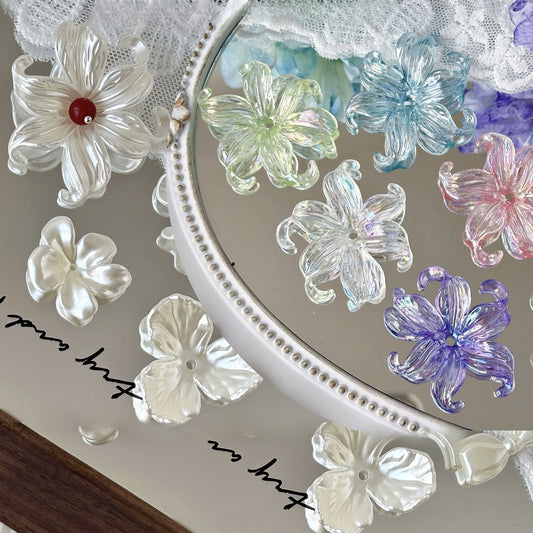 TK96 10Pcs Pearl-like Acrylic Perforated Petal Flower Beads with Stem, DIY Handmade Beaded Bracelet, Necklace & Phone Chain Accessories, Jewelry Components