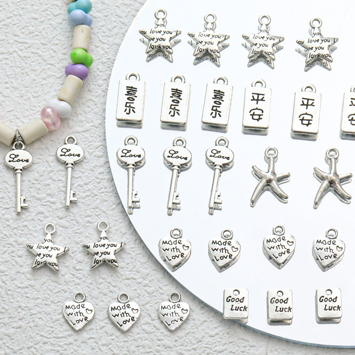 TK103 2Pcs Zinc Alloy Silver Plated Star Letter Heart Key Pendants DIY Handmade Phone Chain Bracelet Accessories