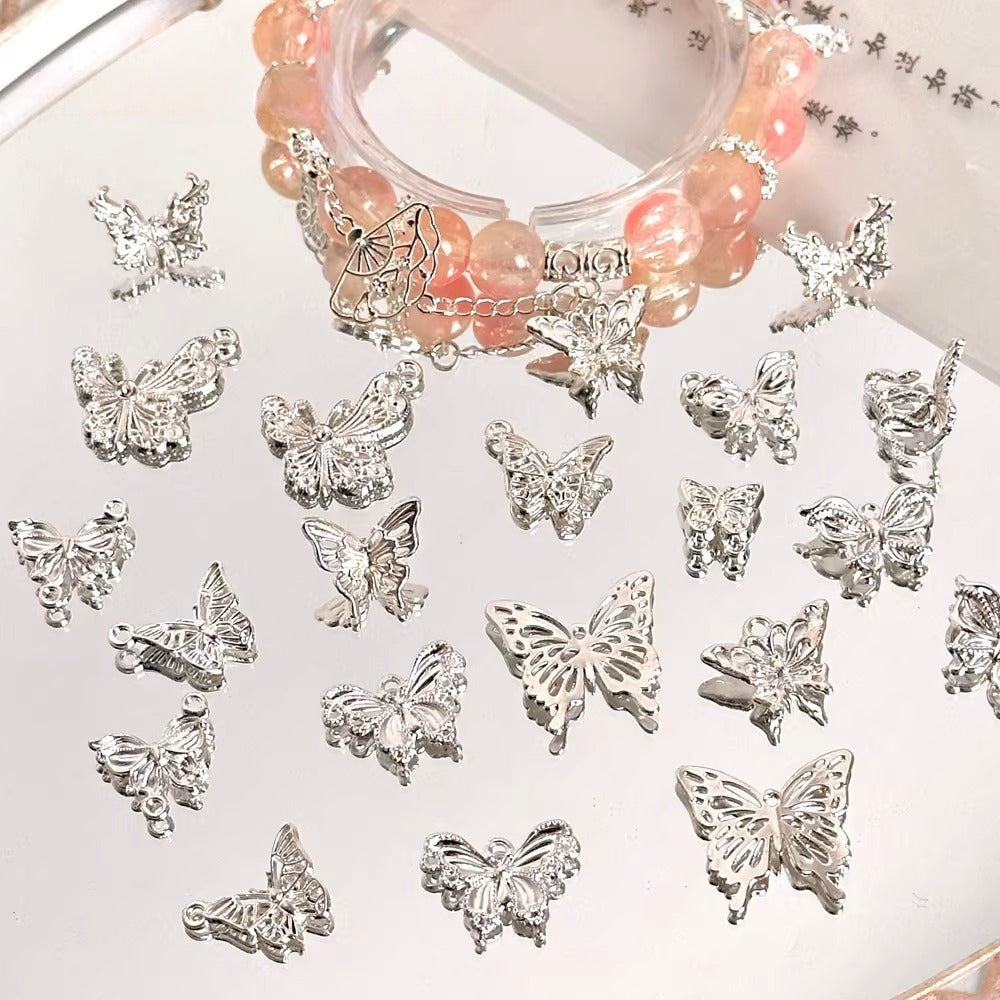 TK87 2Pcs Bright Silver Alloy Butterfly Pendant & Spacer Beads, DIY Handmade Bracelet Necklace Jewelry Making Accessories