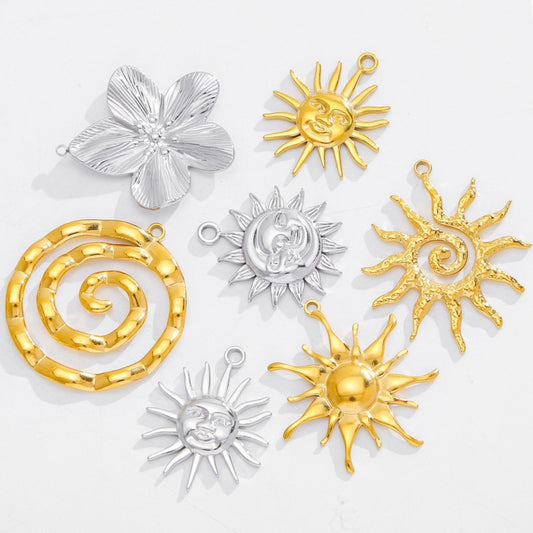 X2011  Stainless Steel Sun &amp; Flower Charms, Gold/Silver Plated Pendants for DIY Jewelry Making
