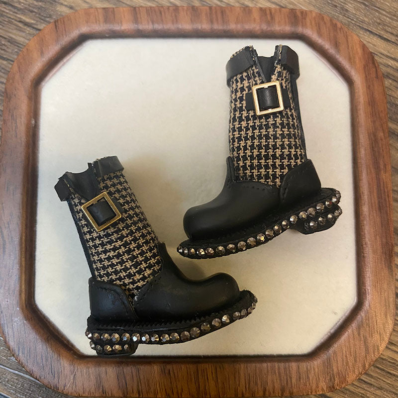 BJD612 30 Days Pre‑order  Suitable for OB22, OB24, BJD, Blythe, Azone Dolls, Houndstooth Mini Patchwork Rhinestone Clay Tall Boots, Inner Shoe Size Approx 32×12mm, Casual Workwear Style, Wearable & Removable, Classic Design, Custom Orders Accepted, W