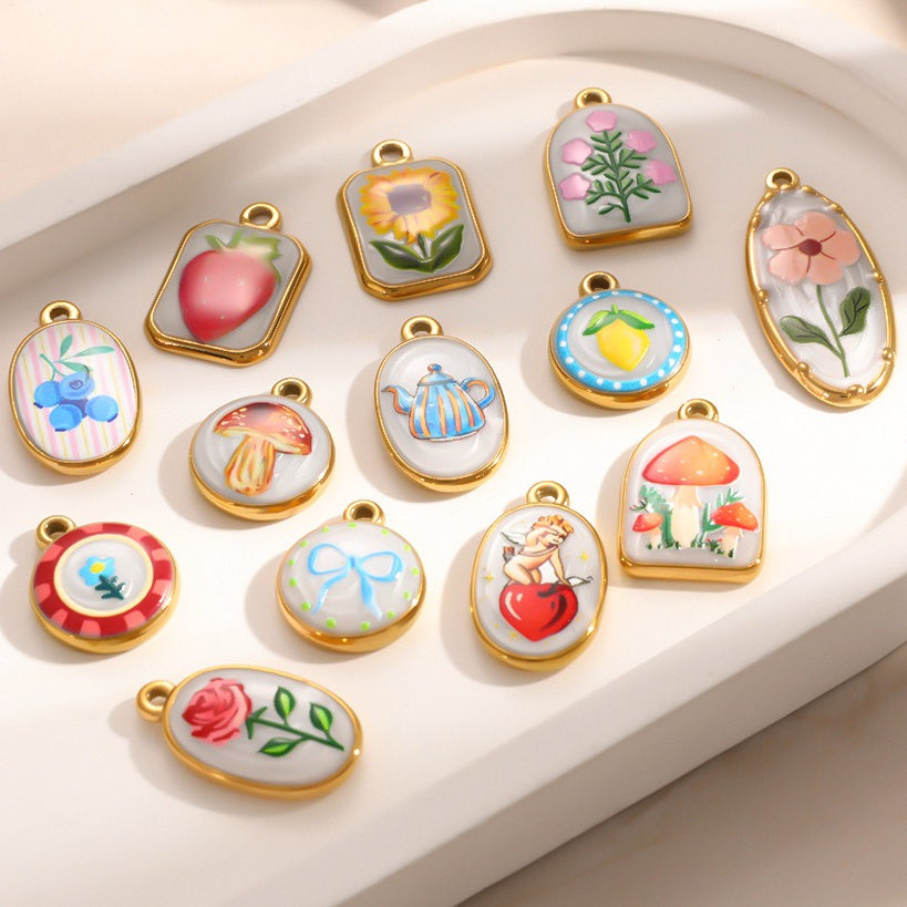 X2292  Stainless Steel Gold Plated Rose Wind Chime Strawberry Sunflower Daisy Cat Pendant, DIY Accessories for Bracelet Necklace Earrings