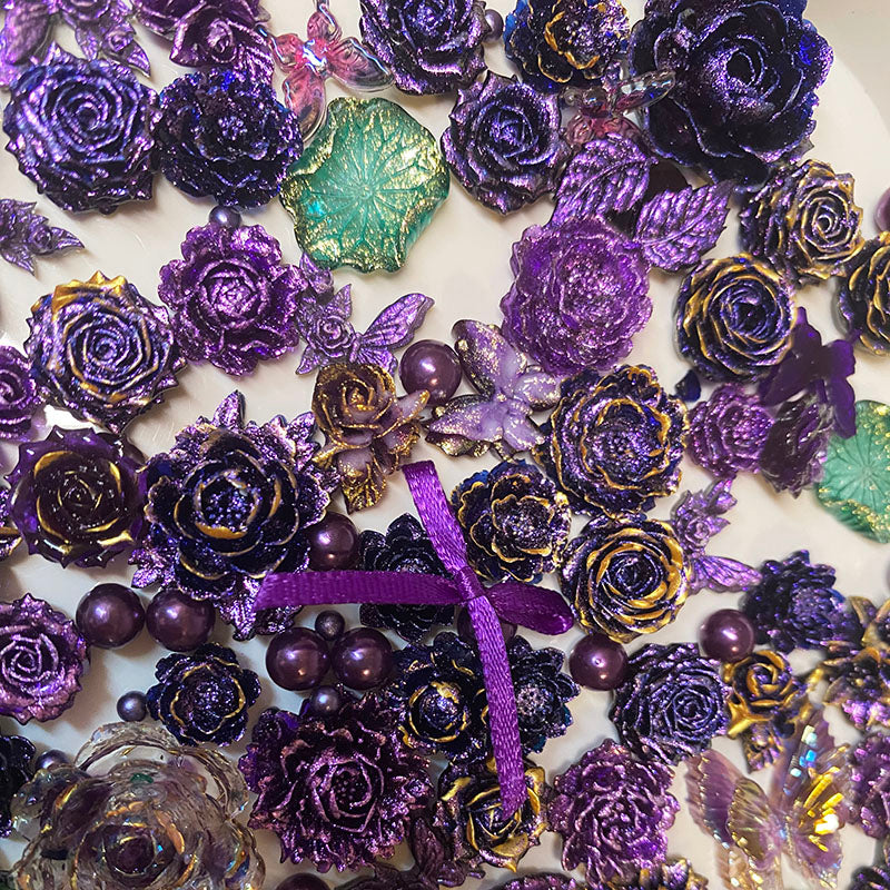 BJD500 About 10‑30g Purple Mix Soft Rubber Flower Blind Box, Hand‑Sculpted 3D Roses Lotus Peony Camellia, DIY Craft Supplies for Mini Bouquet Jewelry Making