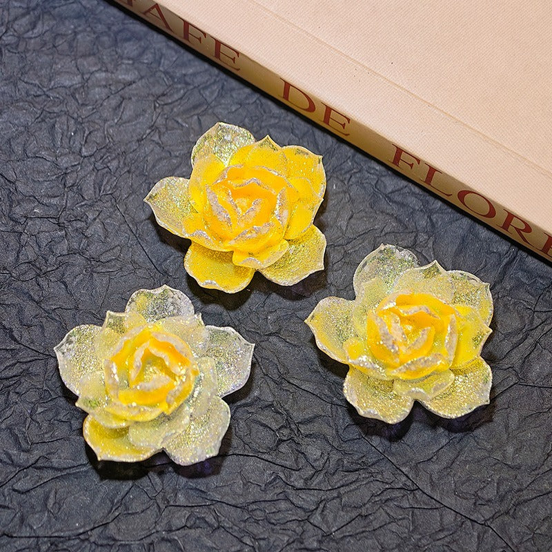 X2644 2Pcs Shimmering Yuhu Golden Lotus Resin Soft Rubber Flowers, DIY Accessory Supplies for Traditional Hairpins, Hair Clips, Bracelets, Necklaces & Earrings Craft Decorations