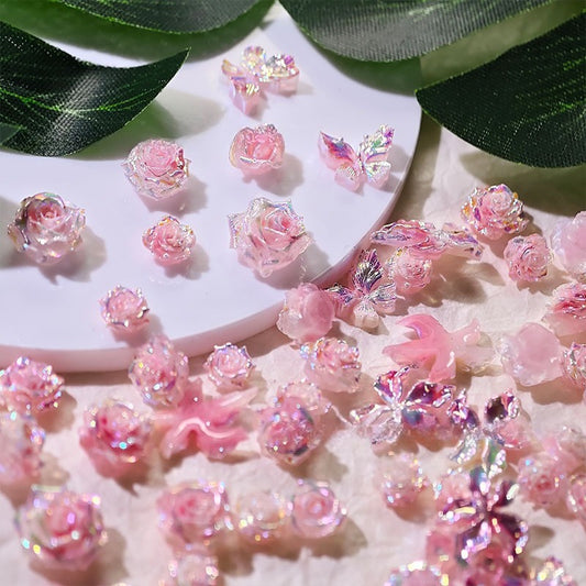 SP246 10Pcs Pink‑Tone 3D Soft Resin Flower Charms, Butterfly Rose Jasmine Motifs for Nail Art & DIY Bracelet Necklace Earring Jewelry Making