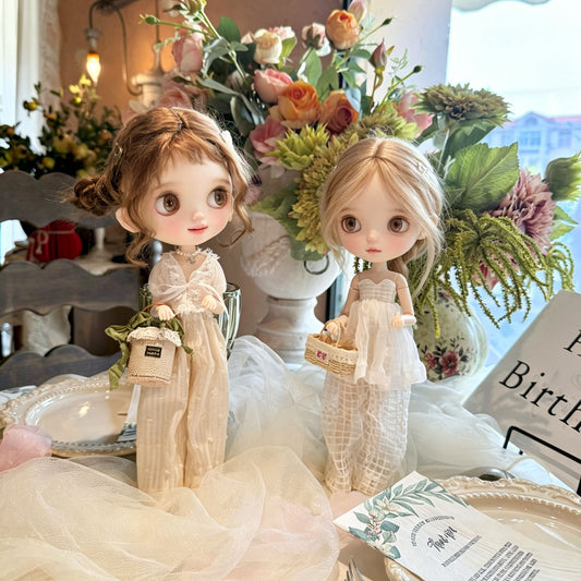 TKA7 Handmade Luxury Chiffon Lace Ruffle Tube Top White Plaid Blouse & Casual Wide Leg Pants Two-Piece Doll Outfit Set Compatible With OB24 Body Blythe Size 1/6 Collectible Doll, Custom Sewn Dress-Up Costume 30-Day Pre-Order, Doll Not Included