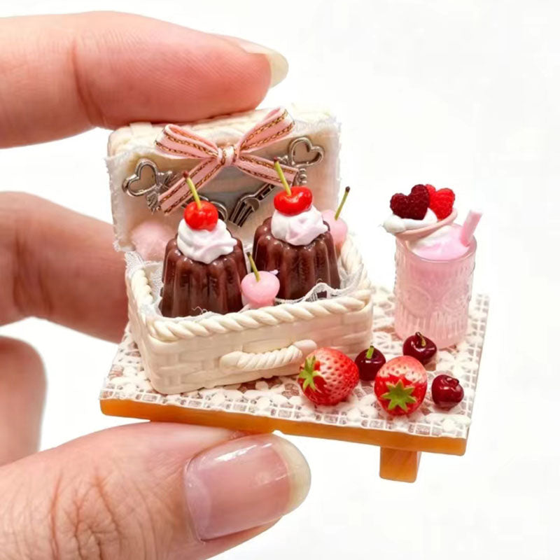BJD474 30 Days Pre-order Handmade Mini Canele Picnic Basket Dessert Set, Chocolate Cake Cherry Heart Strawberry Miniature Food, DIY Ornament for OB22 OB24 BJD Blythe Dollhouse Decor