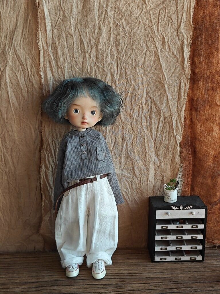 BJD592 30 Days Preorder Suitable for OB22, OB24, BJD, Blythe, Azone Doll | Vintage Washed Linen Rolled Edge Casual Pants & Long Sleeve T-shirt, Classic Outfit, Worldwide Shipping