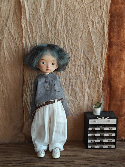 BJD592 30 Days Preorder Suitable for OB22, OB24, BJD, Blythe, Azone Doll | Vintage Washed Linen Rolled Edge Casual Pants & Long Sleeve T-shirt, Classic Outfit, Worldwide Shipping