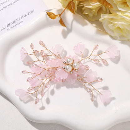 X2322 Handmade Crystal Bead Flower Findings, Lijie Twine Pearl Floral Charms for DIY Hanfu Hairpins & Clothing Accessories Bulk Supplies