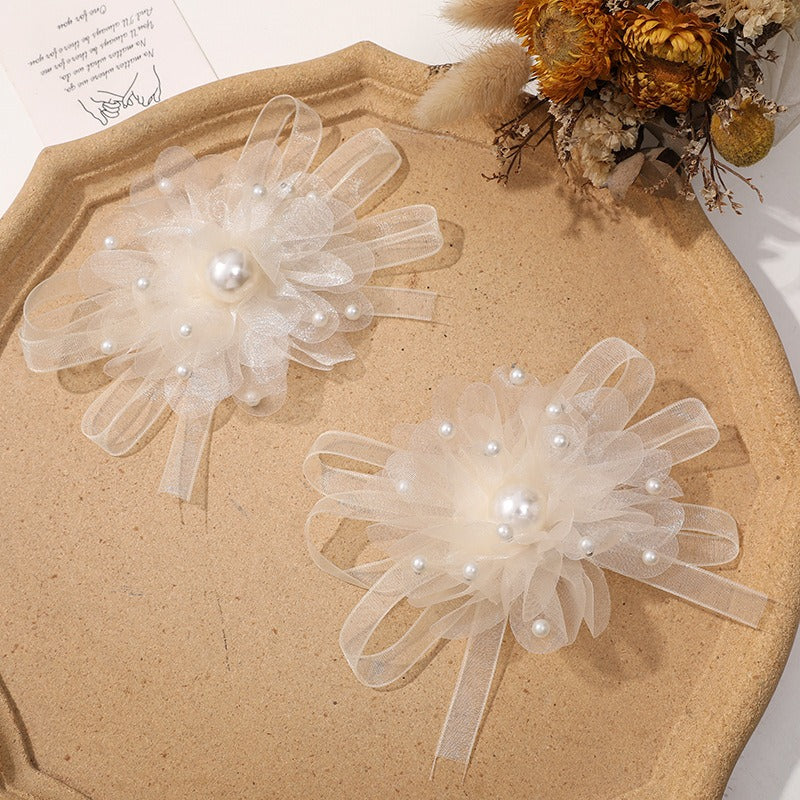 X2324 Three-Dimensional Multi-Layer Pearl Feather Organza Flower Charms, DIY Handmade Base for Earrings Rings Brooches Jewelry Making Bulk Craft Supplies