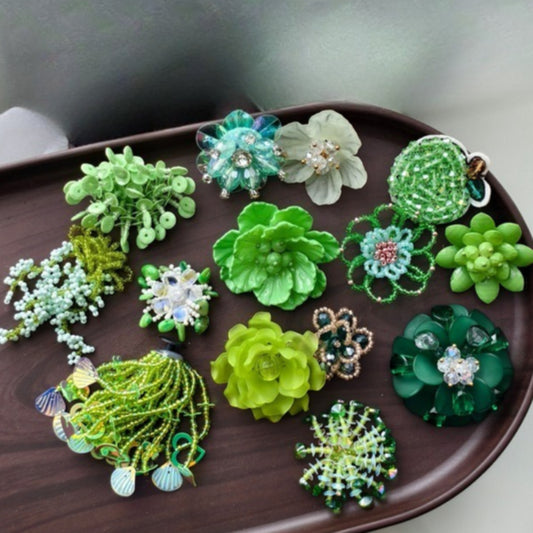 X2420 Back plate base support with green-colored three-dimensional hand-woven flower fabric applique for DIY handmade bracelets, necklaces, brooches, earrings and accessory items.