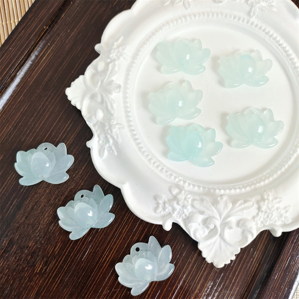 TK43 2pcs New Chinese resin imitation jade lotus double-about three DIY handmade necklace white jade jewelry pendant accessory