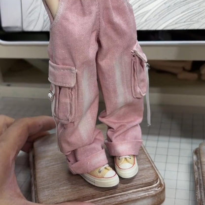 BJD479 30 Days Pre‑order Handmade Vintage Washed Denim Overalls & Custom Print T‑Shirt, Classic Doll Outfit for OB22 OB24 BJD Blythe