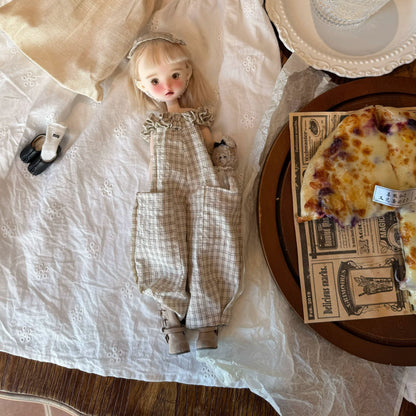 BJD577 30 Days Preorder Suitable for OB22, OB24, BJD, Blythe, Azone doll | Lace Off-shoulder Coffee color Plaid Jumpsuit, Wide Leg & Cuffed Style, Casual Wear, Worldwide Shipping, Custom Order Available