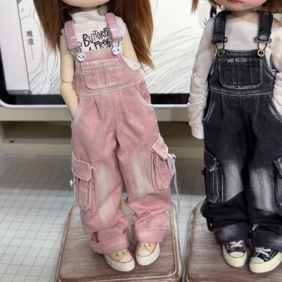 BJD479 30 Days Pre‑order Handmade Vintage Washed Denim Overalls & Custom Print T‑Shirt, Classic Doll Outfit for OB22 OB24 BJD Blythe