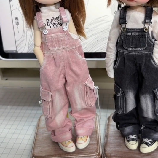 BJD479 30 Days Pre‑order Handmade Vintage Washed Denim Overalls & Custom Print T‑Shirt, Classic Doll Outfit for OB22 OB24 BJD Blythe
