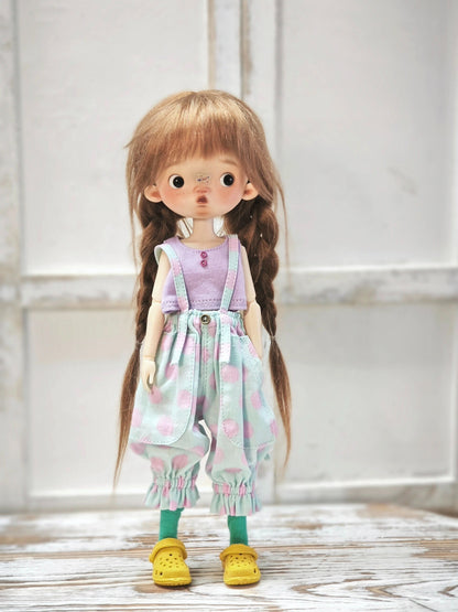 BJD578 30 Days Preorder Suitable for OB22, OB24, BJD, Blythe, Azone doll | Round Polka Dot Overalls, Wide Leg & Cuffed Design, Casual Style, Worldwide Shipping, Custom Order Available