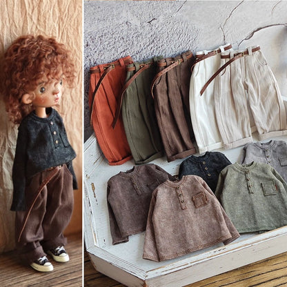 BJD592 30 Days Preorder Suitable for OB22, OB24, BJD, Blythe, Azone Doll | Vintage Washed Linen Rolled Edge Casual Pants & Long Sleeve T-shirt, Classic Outfit, Worldwide Shipping