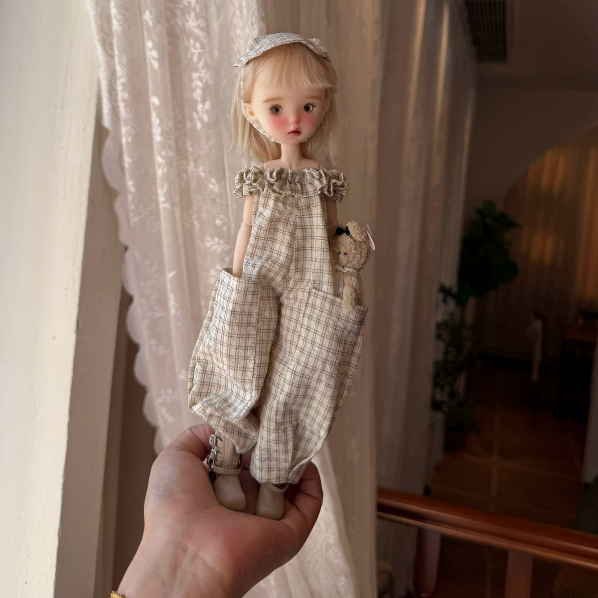 BJD577 30 Days Preorder Suitable for OB22, OB24, BJD, Blythe, Azone doll | Lace Off-shoulder Coffee color Plaid Jumpsuit, Wide Leg & Cuffed Style, Casual Wear, Worldwide Shipping, Custom Order Available