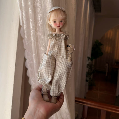BJD577 30 Days Preorder Suitable for OB22, OB24, BJD, Blythe, Azone doll | Lace Off-shoulder Coffee color Plaid Jumpsuit, Wide Leg & Cuffed Style, Casual Wear, Worldwide Shipping, Custom Order Available