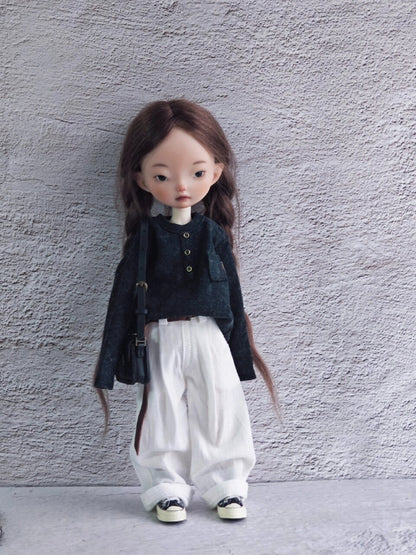 BJD592 30 Days Preorder Suitable for OB22, OB24, BJD, Blythe, Azone Doll | Vintage Washed Linen Rolled Edge Casual Pants & Long Sleeve T-shirt, Classic Outfit, Worldwide Shipping