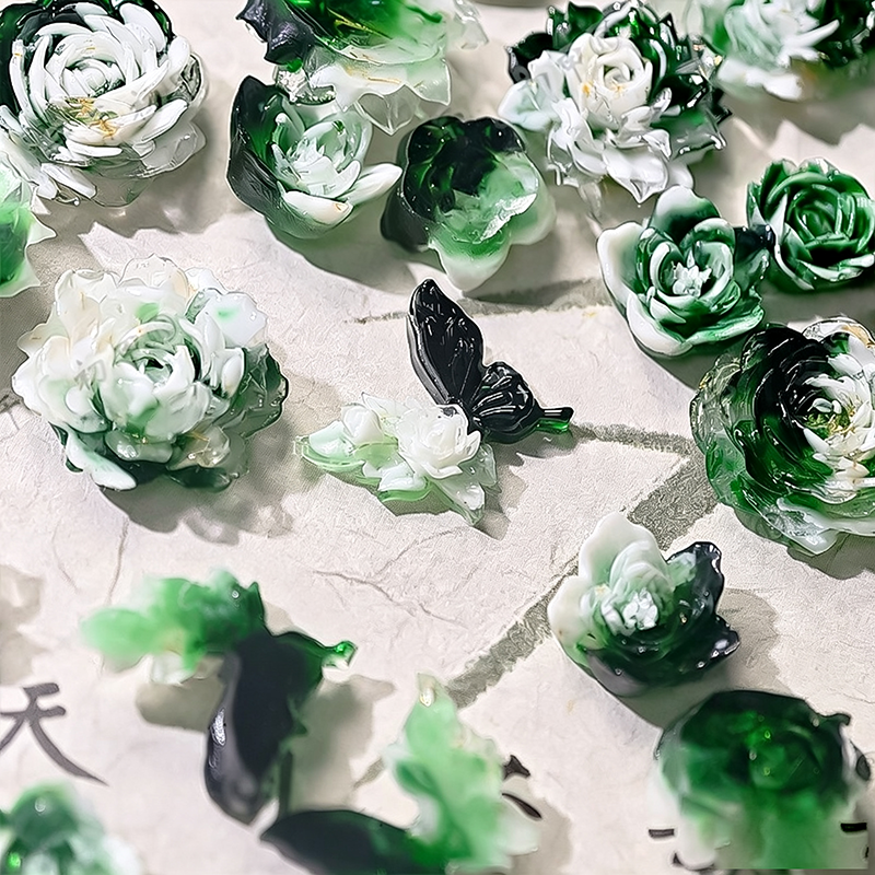 X2382 10Pcs With holes / Without holes Green diffusion-style soft-decorated butterfly nail art accessories resin three-dimensional rose flower DIY handmade ear studs, bracelets, accessories, bracelets, earrings