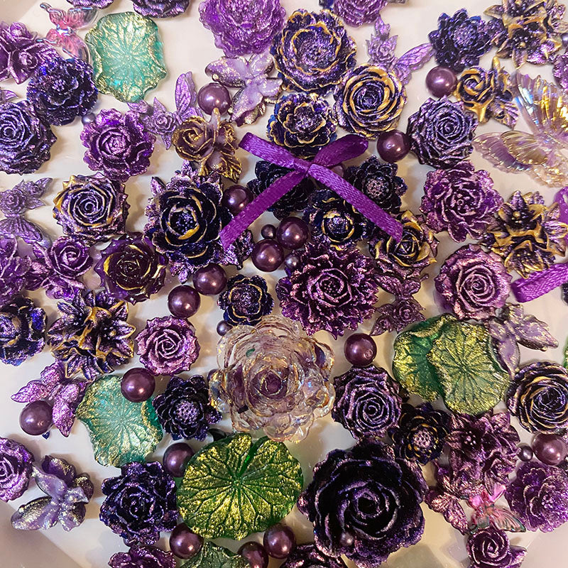 BJD500 About 10‑30g Purple Mix Soft Rubber Flower Blind Box, Hand‑Sculpted 3D Roses Lotus Peony Camellia, DIY Craft Supplies for Mini Bouquet Jewelry Making