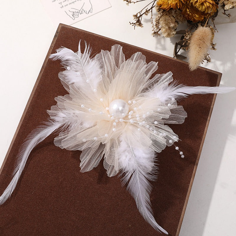 X2324 Three-Dimensional Multi-Layer Pearl Feather Organza Flower Charms, DIY Handmade Base for Earrings Rings Brooches Jewelry Making Bulk Craft Supplies