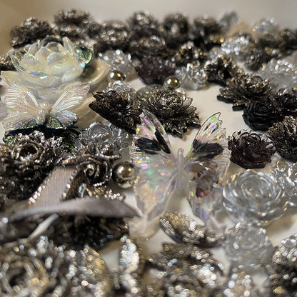 BJD491 random 10/30g Per Pack Black‑Gray Iridescent Mixed Soft Rubber Flower Blind Box, Hand‑Rolled 3D Rose Lotus Butterfly Peony Camellia Lisianthus, Ribbon Bead Leaf DIY Bouquet Jewelry Making Supplies