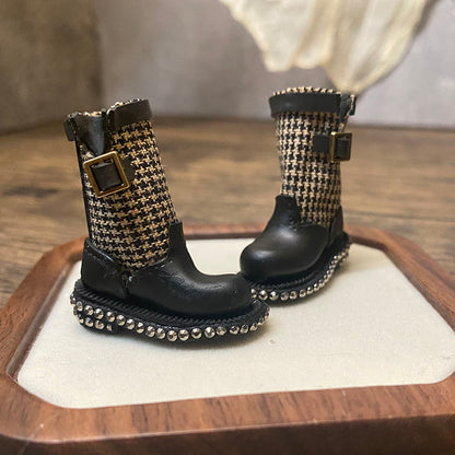 BJD612 30 Days Pre‑order  Suitable for OB22, OB24, BJD, Blythe, Azone Dolls, Houndstooth Mini Patchwork Rhinestone Clay Tall Boots, Inner Shoe Size Approx 32×12mm, Casual Workwear Style, Wearable & Removable, Classic Design, Custom Orders Accepted, W