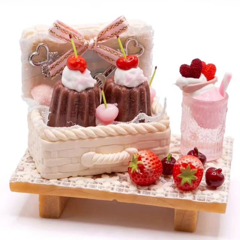 BJD474 30 Days Pre-order Handmade Mini Canele Picnic Basket Dessert Set, Chocolate Cake Cherry Heart Strawberry Miniature Food, DIY Ornament for OB22 OB24 BJD Blythe Dollhouse Decor