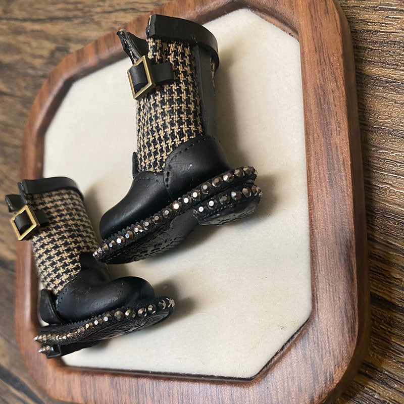 BJD612 30 Days Pre‑order  Suitable for OB22, OB24, BJD, Blythe, Azone Dolls, Houndstooth Mini Patchwork Rhinestone Clay Tall Boots, Inner Shoe Size Approx 32×12mm, Casual Workwear Style, Wearable & Removable, Classic Design, Custom Orders Accepted, W