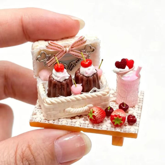BJD474 30 Days Pre-order Handmade Mini Canele Picnic Basket Dessert Set, Chocolate Cake Cherry Heart Strawberry Miniature Food, DIY Ornament for OB22 OB24 BJD Blythe Dollhouse Decor