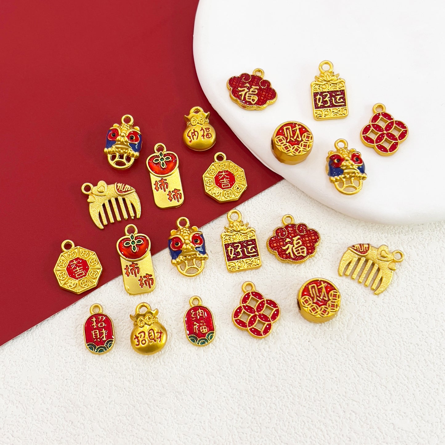 X2299 Copper Alloy Matte Gold Plated Charms, Auspicious Cloud, Fortune Bag & Guardian Lion Shapes, Straight Hole Pendants for DIY Bracelet Necklace Beading Accessories