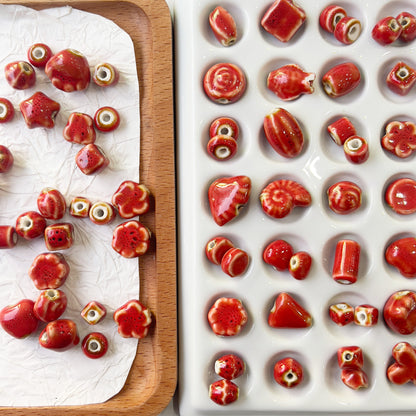 X2297 2Pcs Red Ceramic Beads, Cube Star Rose Butterfly Pumpkin Shell Heart & Round Shapes, Irregular Straight Hole Spacer Beads for DIY Bracelet Necklace Jewelry Making