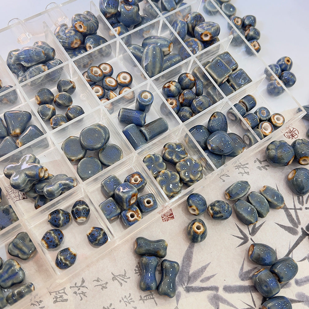 X2300 2Pcs Blue Gray Vintage Ceramic Beads, Lucky Fish Cross Rose Ball & Shell Shapes, Straight Hole Beads Pendants for DIY Bracelet & Necklace Making