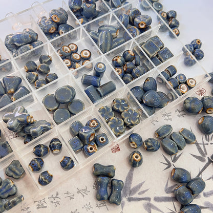 X2300 2Pcs Blue Gray Vintage Ceramic Beads, Lucky Fish Cross Rose Ball & Shell Shapes, Straight Hole Beads Pendants for DIY Bracelet & Necklace Making