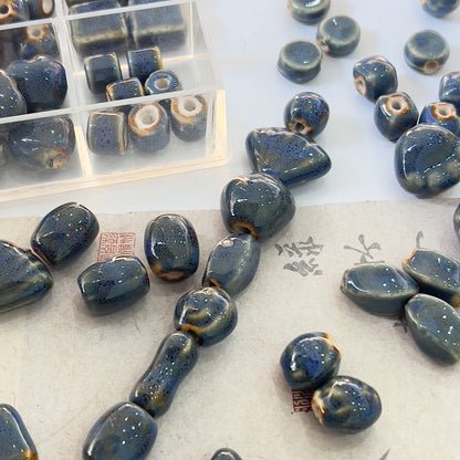 X2300 2Pcs Blue Gray Vintage Ceramic Beads, Lucky Fish Cross Rose Ball & Shell Shapes, Straight Hole Beads Pendants for DIY Bracelet & Necklace Making