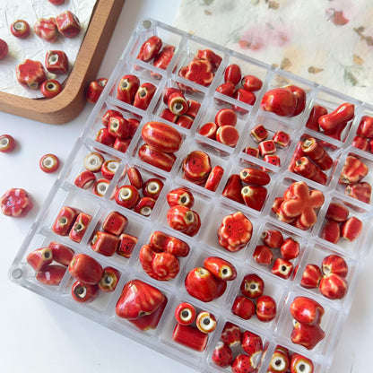 X2297 2Pcs Red Ceramic Beads, Cube Star Rose Butterfly Pumpkin Shell Heart & Round Shapes, Irregular Straight Hole Spacer Beads for DIY Bracelet Necklace Jewelry Making