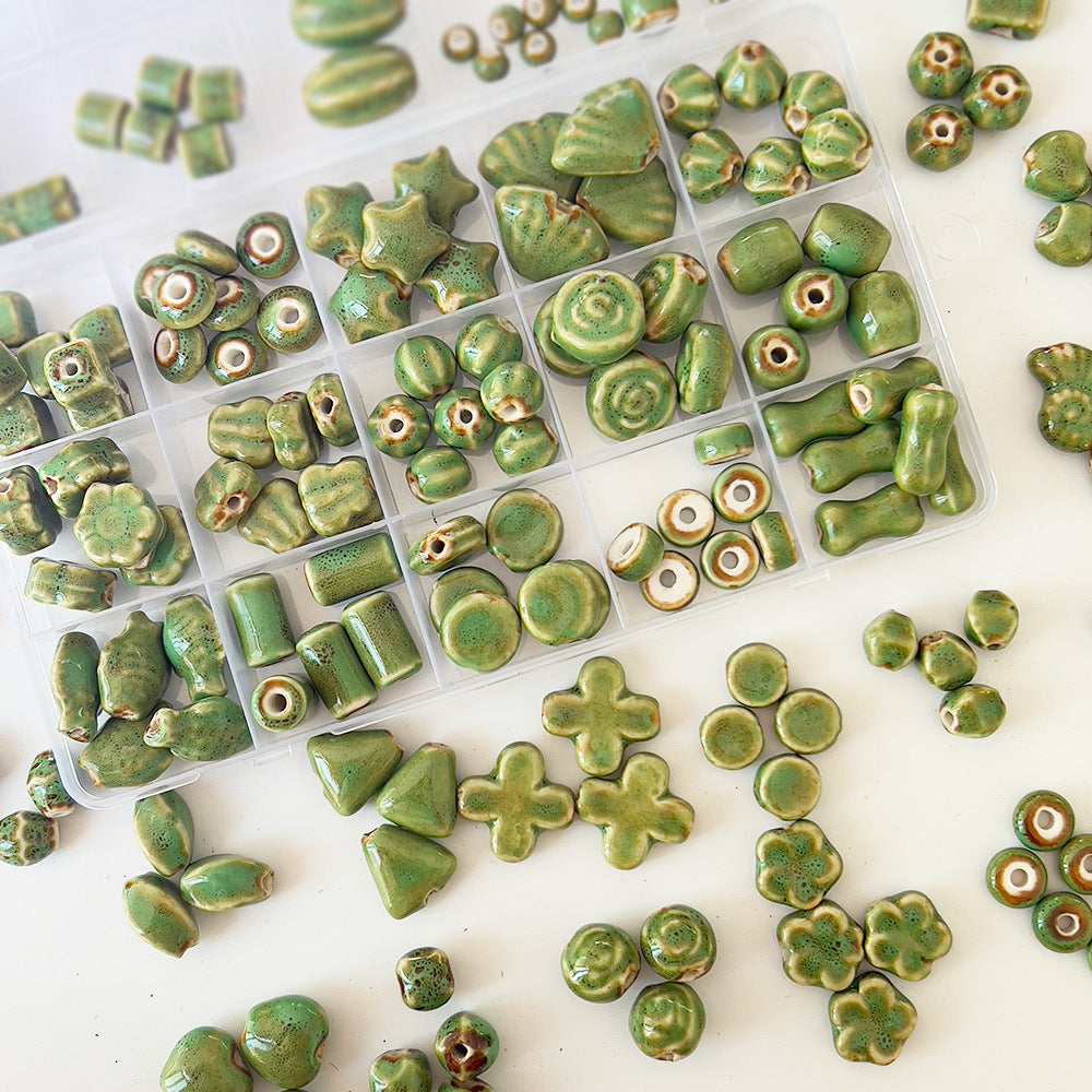 X2298 2Pcs Green Ceramic Beads, Cube Star Rose Butterfly Pumpkin Shell Heart & Round Shapes, Irregular Straight Hole Spacer Beads for DIY Bracelet Necklace Jewelry Making