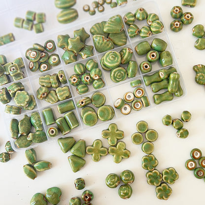 X2298 2Pcs Green Ceramic Beads, Cube Star Rose Butterfly Pumpkin Shell Heart & Round Shapes, Irregular Straight Hole Spacer Beads for DIY Bracelet Necklace Jewelry Making