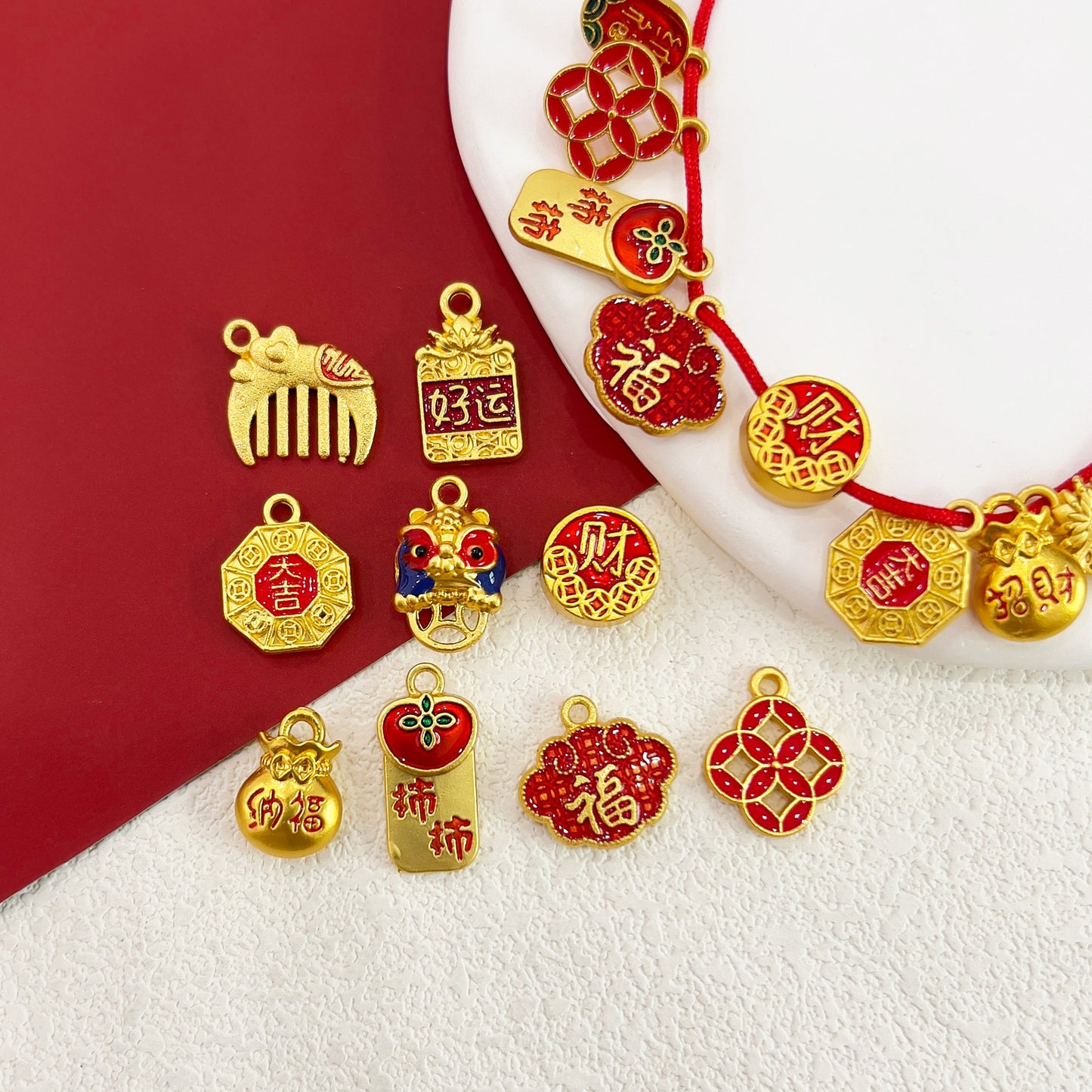 X2299 Copper Alloy Matte Gold Plated Charms, Auspicious Cloud, Fortune Bag & Guardian Lion Shapes, Straight Hole Pendants for DIY Bracelet Necklace Beading Accessories